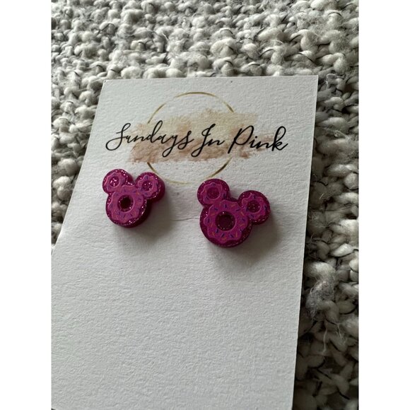 MICKEY Ear Pink Donut Stud Park Earrings NEW - Picture 2 of 4
